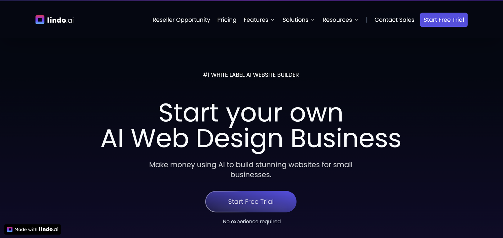 Lindo.ai dashboard interface showing customizable white-label AI website builder analytics and client management tools